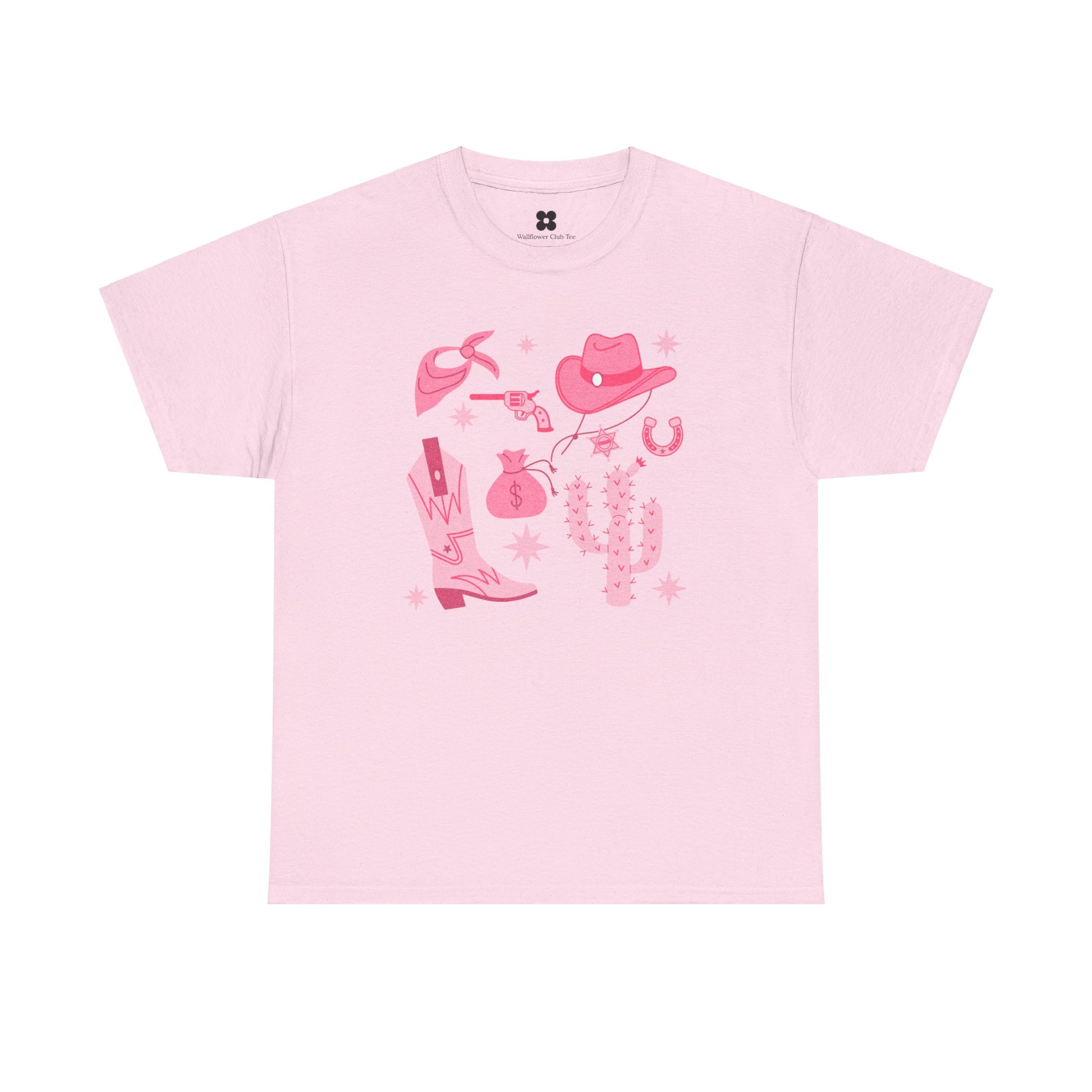 A light pink, 100% cotton Cowgirl T-shirt featuring various pink Western-themed illustrations including a cowboy hat, a pair of boots, a cactus, a horseshoe, a rope, and a sheriff's badge. The designs are all printed in a matching pink color scheme. Enjoy free worldwide shipping.