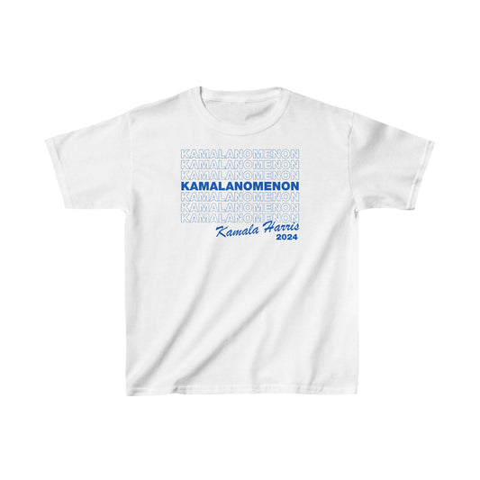 white t-shirt with blue text kamalanomenon