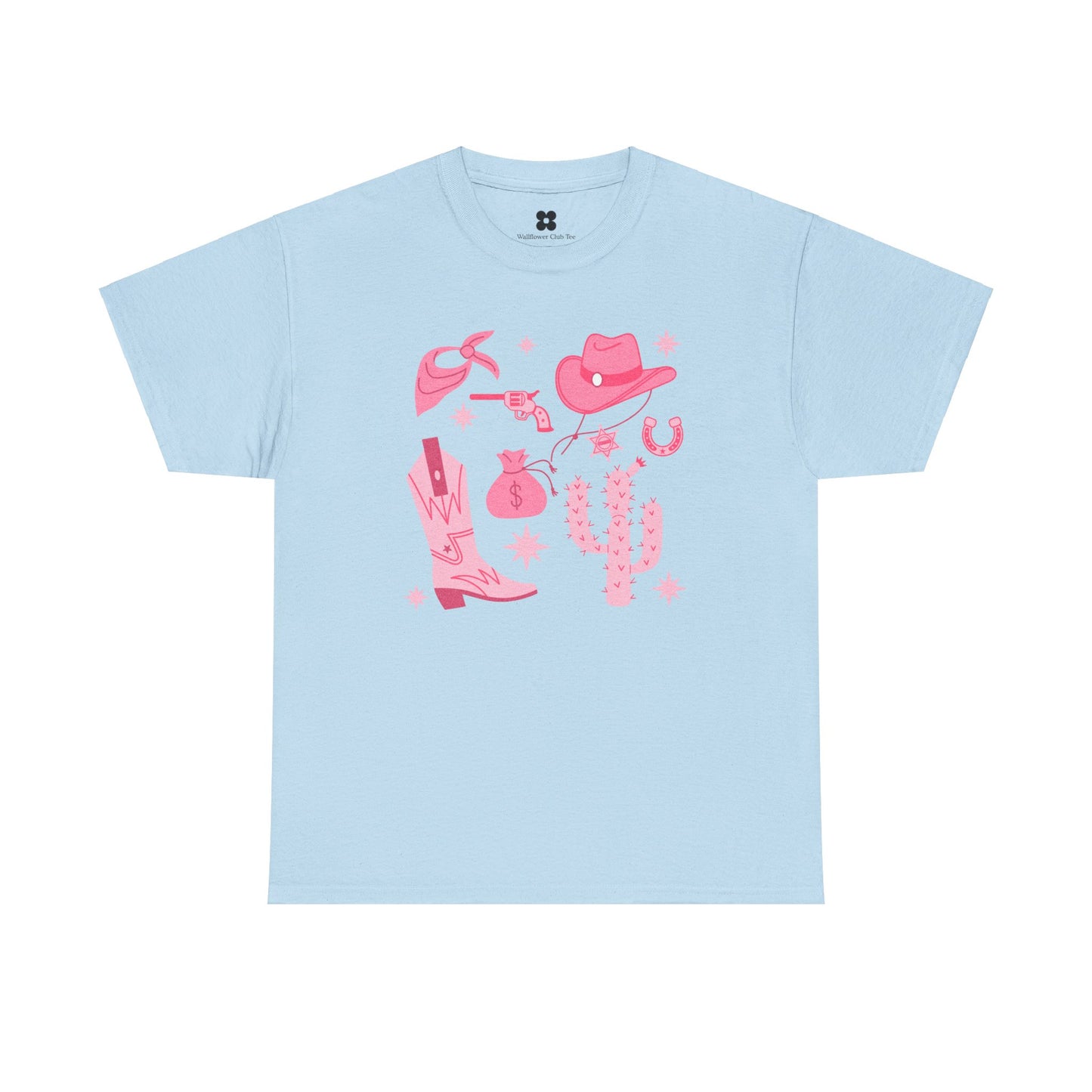 This light blue Cowgirl T-shirt, made from 100% cotton, features various pink illustrations related to a Western theme. The classic crew neck design includes a cowboy hat, gun, boots, cactus, horseshoe, and flask artistically arranged on the front.