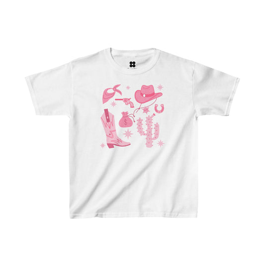Introducing the Cowgirl Baby Tee: A white, 100% cotton T-shirt showcasing pink Western-themed illustrations, including a cowboy hat, boots, a saddlebag with a dollar sign, a cactus, and more. Enjoy free worldwide shipping on this adorable and stylish piece!