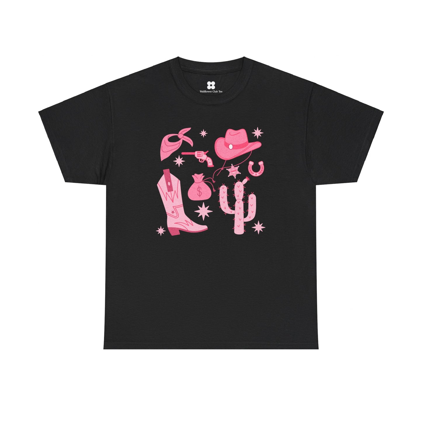 A black Cowgirl T-shirt features a pink graphic of various Western-themed elements. The design includes a cowboy hat, boot, revolver, cactus, horseshoe, lasso, sheriff's badge, and stars in an artistic pattern. Made from 100% cotton with FREE worldwide shipping available.