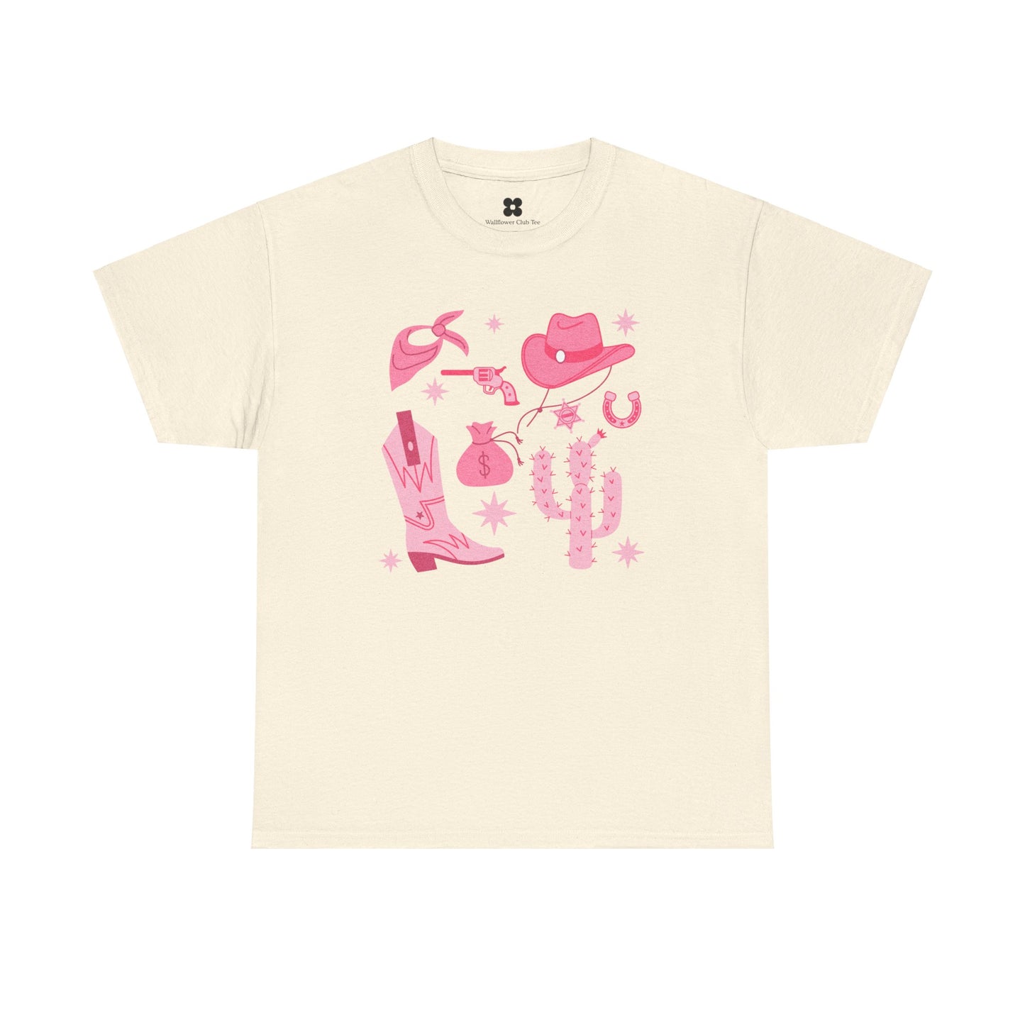 Product Name: Cowgirl T-shirt

A beige Cowgirl T-shirt featuring various pink western-themed illustrations including a cowboy hat, gun, boot, cactus, horseshoe, and lasso, artistically arranged on the front. Made from 100% cotton with short sleeves and a crew neck. Enjoy FREE worldwide shipping!