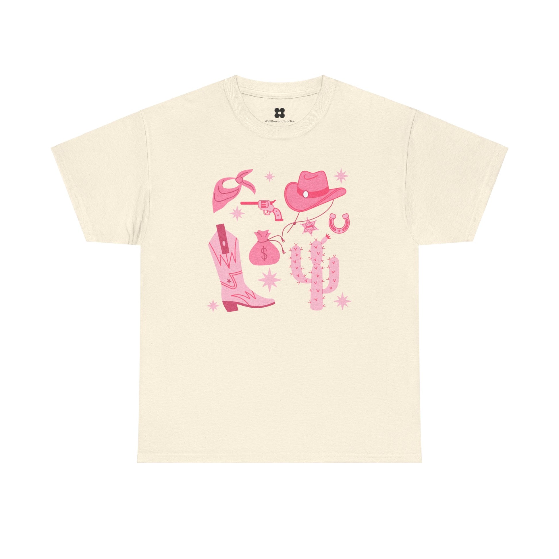 Product Name: Cowgirl T-shirt

A beige Cowgirl T-shirt featuring various pink western-themed illustrations including a cowboy hat, gun, boot, cactus, horseshoe, and lasso, artistically arranged on the front. Made from 100% cotton with short sleeves and a crew neck. Enjoy FREE worldwide shipping!